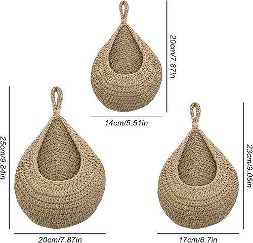 HOMURY Lot de 3 corbeilles à fruits suspendues : paniers suspendus tissés à la main avec 3 crochets, corbeille à fruits en tissu de coton pour cuisine, salon, chambre à coucher (petit, moyen, grand, - Nail Gallerys