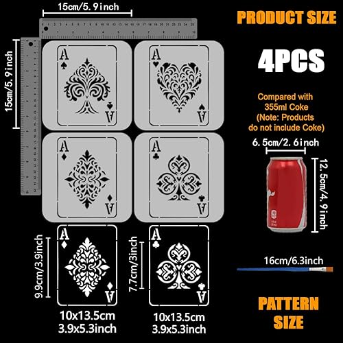 FINGERINSPIRE 4Pcs Pochoir de Peinture pour Cartes à Jouer Avec 1 Pinceau 15x15cm Pochoir de Cartes à Jouer Pochoir Pet pour Cartes de Coeur de Trèfle de Carreau et de Pique DIY Décor Murales Maison - Nail Gallerys