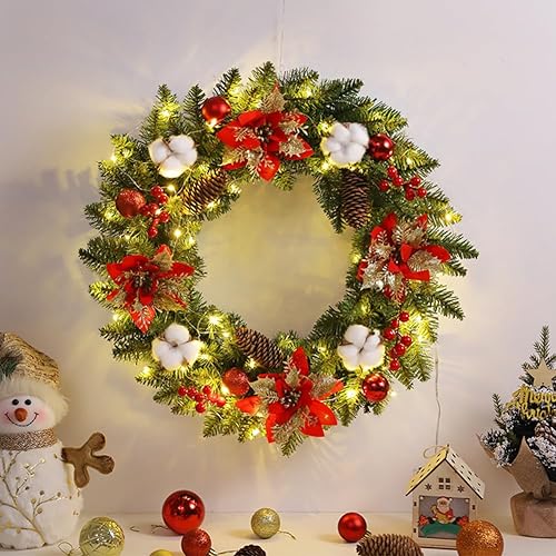 Starnearby Couronne de Noël Porte Artificielle avec Pommes de Pin et Poinsettia, Couronne de Noel Lumineuse LED, Guirlande de Noël, Couronne Noel Porte Lumineuse, Décoration de Noël 40CM - Nail Gallerys