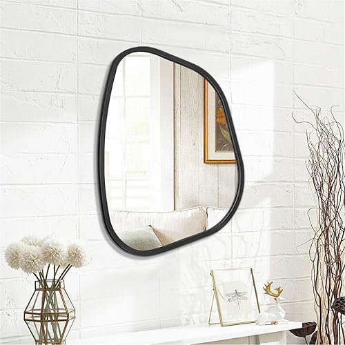 HLFMVWE Irregular Wall Mirror Modern Oval Asymmetrical Wooden Framed Unique Hanging Mirror Artistic Wavy Mirror Decor Bathroom Vanity Bedroom Living Room Entryway Hallway 65x45CM - Nail Gallerys
