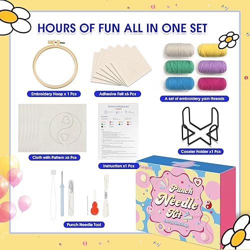 yuegool Kit de 6 sous-verres à aiguilles à poinçonner, kit de broderie facile à faire soi-même pour débutants, adultes et enfants, y compris des motifs de blanchiment d'énergie, des outils, des fils, - Nail Gallerys