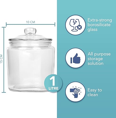 HEFTMAN Lot de 2 bocaux en verre avec couvercle – 2 bocaux vides transparents de 1 litre avec couvercle hermétique – Bocaux d'apothicaire en verre robuste pour bonbons, café, sucre, lessive - Nail Gallerys
