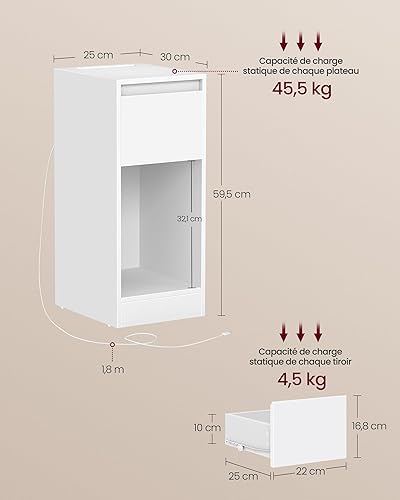 VASAGLE Table de Chevet Étroite, Table d’Appoint, avec Éclairage LED, 1 Port USB-A, 1 Port USB-C, Tiroir et Compartiment Ouvert, pour Chambre, Salon, Jaune Amande et Blanc Nuage LET610Y01 - Nail Gallerys
