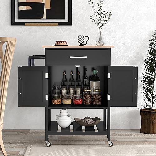 KOMFOTTEU Chariot de Cuisine, 1 Tiroirs & 1 Armoire à Porte, Desserte de Service avec Plan de Travail en Bois Massif, Desserte à roulettes, Plateau inférieur, 73 x 48 x 90 cm (Blanc) - Nail Gallerys