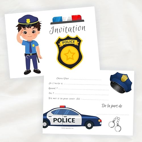 Cartes Invitation Policier - Pack de 8 | Anniversaire, Baby Shower, Baptême | Illustrations Aquarelles, Personnalisables - Nail Gallerys