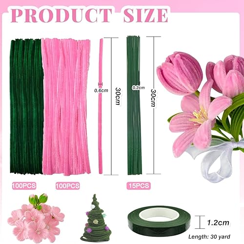 Cure Pipe, 200 Pièces Fil Chenille, Nettoyant Pipes Cleaners, Cure-Pipes Multicolores avec 15 Bâtonnets de Fleurs, Peut être Transformé en Tulipes pour Travaux Manuels, Décorations - Nail Gallerys