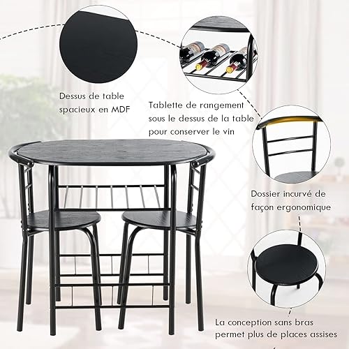 COSTWAY Table de Cuisine avec Chaise pour 2 Personnes, Table Cuisine Petit Espace avec Porte-Bouteilles, Cadre en Métal, Table à Manger Ronde pour Bistro, Jardin, Balcon - Nail Gallerys