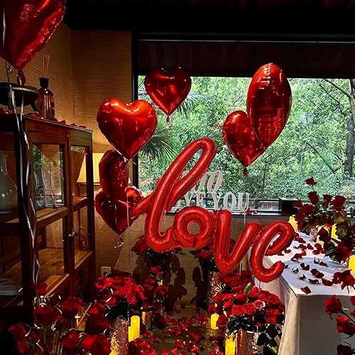 Lot de 20 ballons en aluminium en forme de cœur + ballon Love XXL + 1000 feuilles de rose artificielles - Décoration romantique pour mariage, anniversaire et Saint-Valentin (rouge) - Nail Gallerys