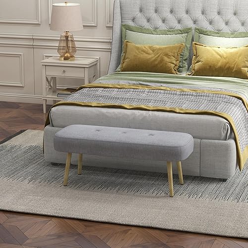 HOMCOM Banc de lit en tissu rembourré avec pieds en acier effet bois, banc pour entrée, salon et chambre à coucher, 114x38x45cm, gris - Nail Gallerys