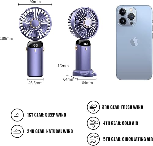 Fan N15 Ventilateur portable rechargeable par USB avec 5 vitesses, mini ventilateur de bureau pliable avec écran LED pour la maison, le bureau, la chambre à coucher, les voyages en plein air (bleu) - Nail Gallerys
