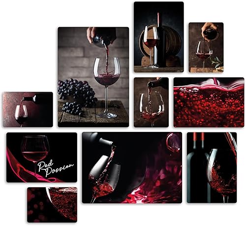 Giallobus - Ensemble de 10 peintures Multi-Panneaux - Red Wine - Bois MDF - | 2 x 42x29,7cm | 4 x 29,7x21cm | 4 x 21x14,85cm | - Prêt à accrocher - Tableaux d'intérieur Modernes - Nail Gallerys