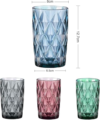 Lot de 4 verres à eau multicolores - 400 ml - Vintage - En verre avec design gaufré - Verres à jus, à boissons - Verres de cuisine - Passe au lave-vaisselle (violet, vert, bleu, gris fumé) - Nail Gallerys