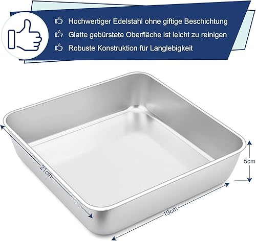 Joyfair Lot de 2 moules à gâteau carrés en acier inoxydable - 21 x 21 x 5 cm - Idéal pour les gâteaux, brownie/lasagnes, sains et non toxiques - Passe au lave-vaisselle - Nail Gallerys