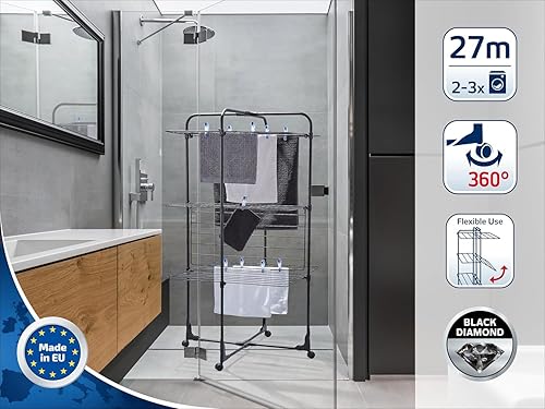 Leifheit Séchoir à linge tour Classic Tower 270 Black, étendoir à linge pliable noir à 3 niveaux, 27 mètres d'étendage avec cadres rabattables, demi-ouverture et roulettes 360° - Nail Gallerys