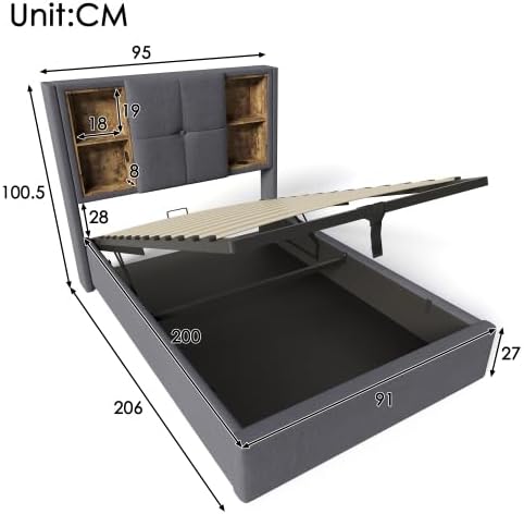Temdlerpp Lit Simple 90x200 cm avec Chargement Cadre de lit avec Espace de Rangement Sommier à Lattes en Bois Gris - Nail Gallerys