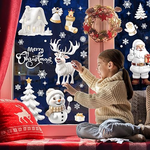 Aonveki Stickers Noël Fenêtre - 9 Feuilles Autocollant à Effet Stéréoscopique Blanc, Flocon de Neige Père Noël Renne pour Décoration Intérieur Maison - Nail Gallerys