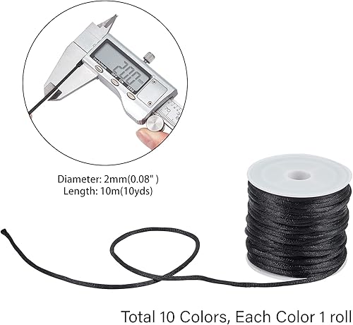 PH PandaHall 2 mm Cordon De Soie en Satin De Nylon 10 Couleurs Garniture en Queue De Rat en Satin pour Bijoux Collier Bracelet, Macramé, Nouage, Attrape-rêves Et Plus, 10m/ Rouleau - Nail Gallerys