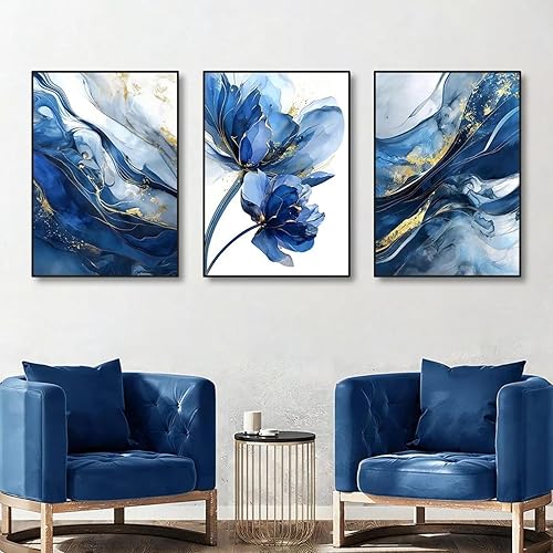 ZHAOLIN Lot de 3 affiches murales modernes en feuille d'or, motif abstrait de roses bleues, imprimables, pour décoration d'intérieur, 50 x 70 cm, 3 cadres internes - Nail Gallerys