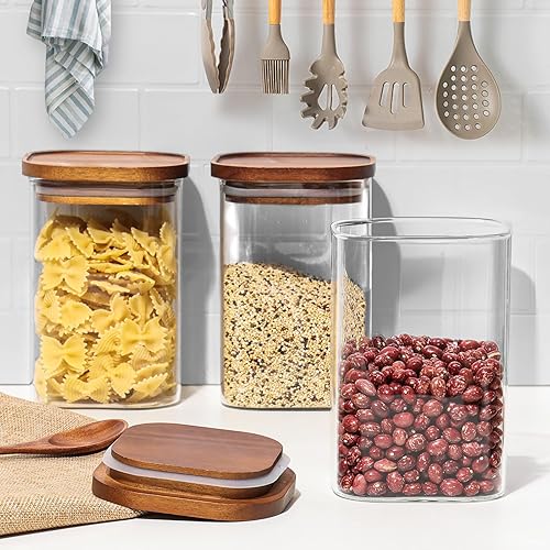 QuaLife Set de 3 bocaux de stockage (1000 ml) avec couvercle en bois - Contenants hermétiques en verre borosilicaté - Bocaux empilables en verre - Rangement carré pour spaghetti et céréales - Nail Gallerys
