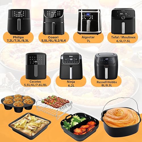 22cm Accessoires Air Fryer Compatible pour COSORI 6L, 6,2L, 6,4L, Philips Airfryer XXL 7,2L, 8,3L, Russell Hobbs 8L, Cecotec 6L etc, Réutilisable Moule Silicone, Plateau à pizza, Grille - Nail Gallerys