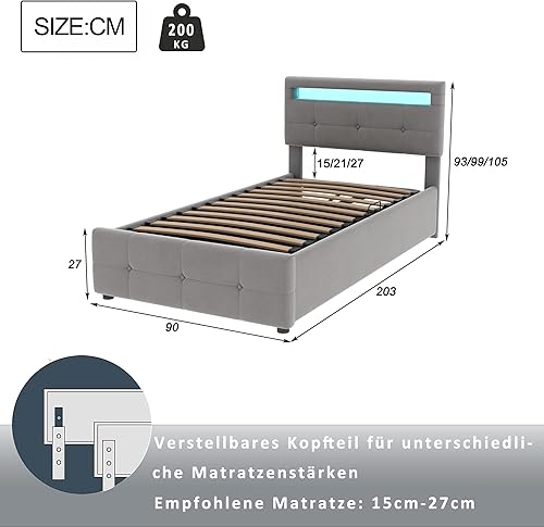 Zepneiy Lit avec LED, Lit Coffre 90x200 avec Espace de Rangement et tête de lit réglable, Lit 1 Place avec sommier à Lattes, Lit rembourré Cadre de lit Beige(sans Matelas) - Nail Gallerys