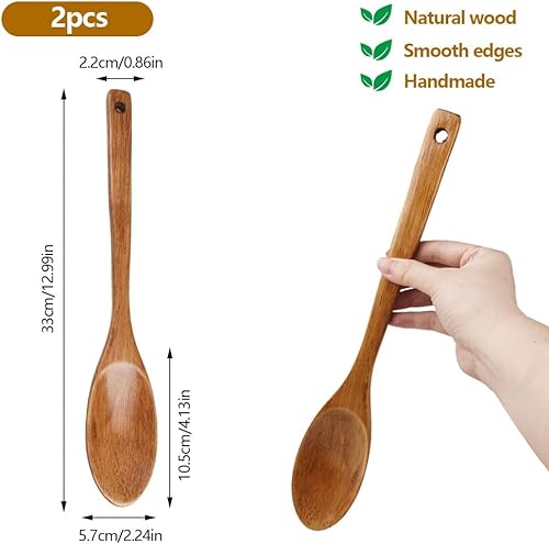 Lot de 2 Ustensiles de Cuisine Bois Anti-rayures, 33CM Cuillere en Bois Longue Manche pour Mélanger Cuisiner, Grandes Cuillères bois de Service Antiadhésives, Naturel et Durable, pour Remuer et Servir - Nail Gallerys
