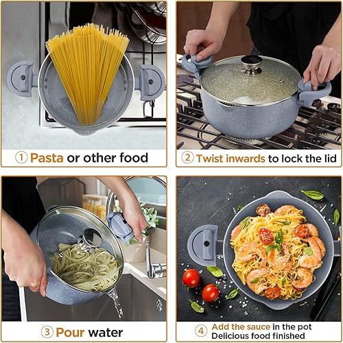 Marmite à pâtes 24 cm marmite à spaghetti 4L marmite polyvalente en aluminium, revêtement en céramique, couvercle passoire et poignée tournante, adaptée à l'induction - Nail Gallerys