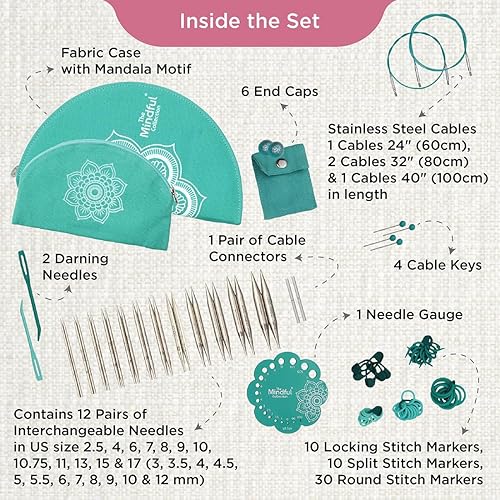 KnitPro The Mindful Collection The Gratitude Set Aiguilles interchangeables en acier inoxydable 13 cm, bleu sarcelle et écru K36301, 31x16x4.5cm - Nail Gallerys