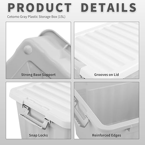 Cetomo 15L*3 Boîtes de Rangement avec Couvercles, Boîte de Rangement en Plastique avec Fermetures à Clipser, Empilable, Encastrable, pour Placard de Bureau à Domicile, Gris, 15L, Lot de 3 - Nail Gallerys