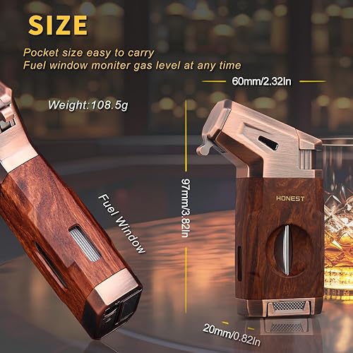 HONEST Briquet torche avec flamme de jet coupe-vent, coupe-cigare en V intégré, boîte pour Noël, briquets au butane rechargeables, briquet cool tout-en-un pour fumer, cigares (marron) - Nail Gallerys