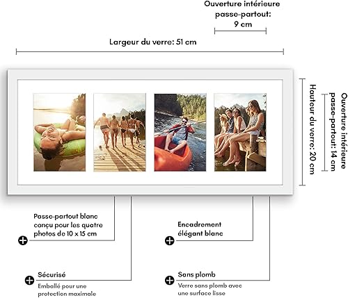 Americanflat Cadre Photo Collage Blanc 20,32x50,8 cm - Affiche Quatre Photos 10,16x15,24 cm Horizontale ou Verticale. Verre Résistant aux Chocs - Matériel d'Accrochage Inclus - Nail Gallerys
