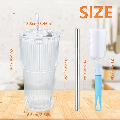 Lot de 2 Verre avec Couvercle et Paille, 600 ml Gobelets à Café Striés, Verre Bubble Tea, pour Jus Cocktail Bière Matcha, 2 Pailles en Verre + 2 Pailles en Acier Inoxydable + 2 Brosses de Nettoyage - Nail Gallerys
