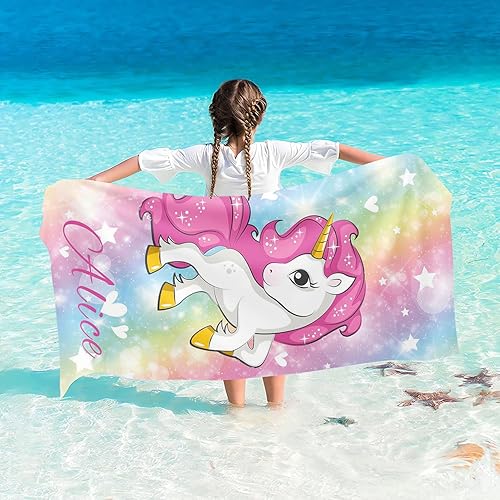 Fadaing Serviette de plage personnalisée avec nom, serviette de bain licorne arc-en-ciel, serviette de bain avec nom pour fille, licorne en microfibre, grande serviette de plage 100 x 200 cm, - Nail Gallerys