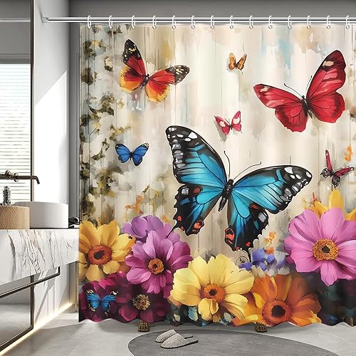 APROPHIC Rideau de Douche Papillon Rideau Douche 180 x 180 Rideaux de Douche Aquarelle Rideau Baignoire Fleur Rideau de Douche Art Style Rideau de Douche Lavable en Machine avec 12 Crochets Bleu Rouge - Nail Gallerys