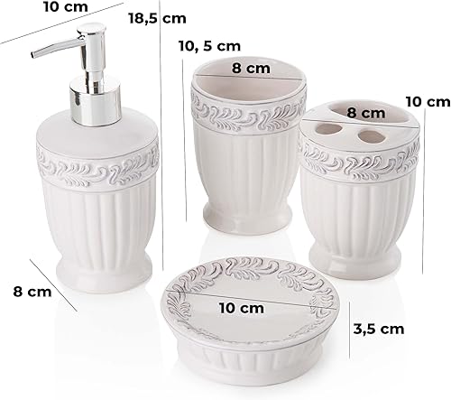 MONTEMAGGI Ensemble d’Accessoires de Salle de Bain en Céramique Classique, Set des 4 pièces de Salle de Bain, Comprend un Dispenser de Savon, un Porte-Brosse à Dents, un Verre et un Porte-Savon, Blanc - Nail Gallerys