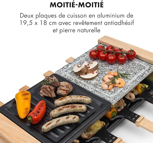 Klarstein Chateaubriand Nuovo Raclette avec pierre naturelle - gril à raclette - 1200W, aluminium/pierre, 8 personnes, inox, avec accessoires, noir-brun - Nail Gallerys