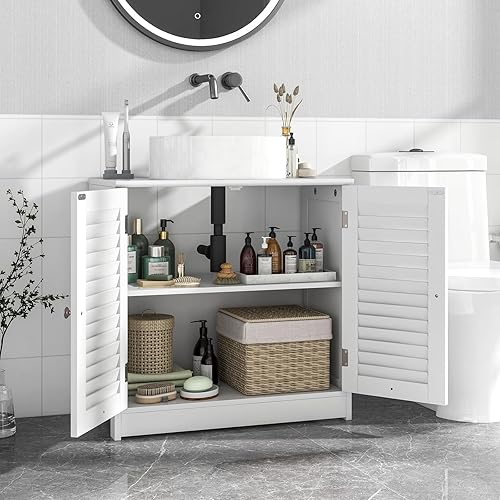 LIFEZEAL Meuble de Salle de Bain sous Lavabo, Coupe en U 24x20 cm, Meuble sous Vasque avec 2 Portes à Lamelles et 2 Étagères, 60x30x60 cm, Rangement sous Lavabo en Bois, Blanc - Nail Gallerys