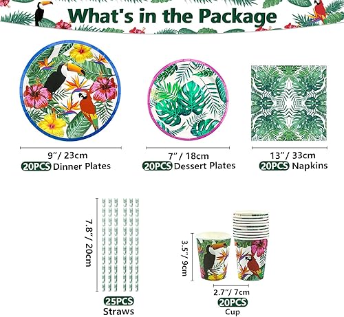 XJLANTTE Hawaiian Luau Articles de fête - Bannière d'anniversaire tropicale, ballon en latex, feuilles de palmier, fleurs d'hibiscus, assiettes en papier, serviettes, tasses et nappe, pour 20 invités - Nail Gallerys