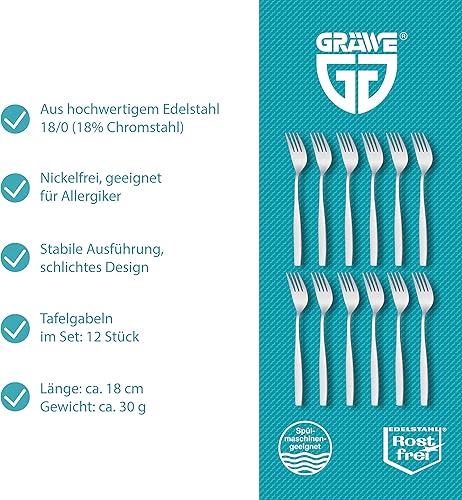 GRÄWE Königstein Lot de 12 fourchettes de table en acier inoxydable poli à la main Passe au lave-vaisselle - Nail Gallerys
