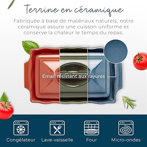 ESPRIT DE CUISINE - Plat Terrine À Couvercle En Céramique - Poignées ergonomiques - Émail Résistant Aux Rayures - Facile À Nettoyer - Made in France - 1L - 28,4x16,9x11,9cm Extérieur - Bleu Réactif - Nail Gallerys