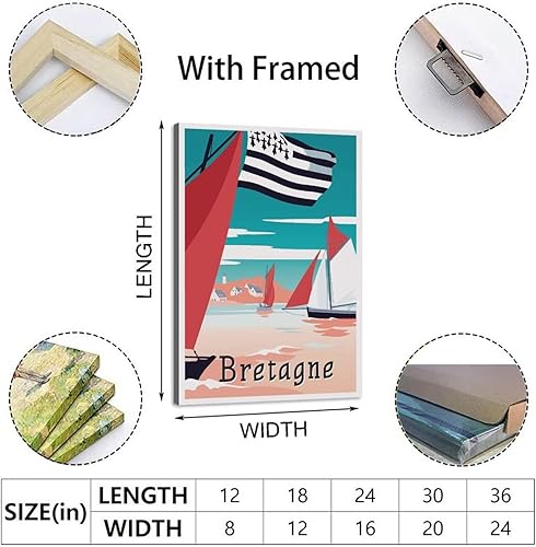 UEJD Bretagne Voilier Poster de voyage vintage Poster décoratif moderne pour chambre à coucher Toile Poster Poster Peinture Mural Art Cadeau, 24x36inchs(60x90cm) - Nail Gallerys