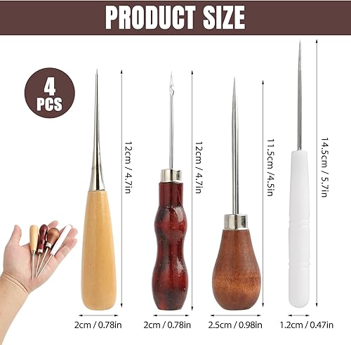 4PCS Alène En Cuir, Cuir Manche Bois, Poinçon à Poignée En Bois, Alènes Manche Bois, Outils De Couture En Cuir Pour DIY, Artisanat Et Réparation De Sacs, Alènes à Poignée Confortable - Nail Gallerys
