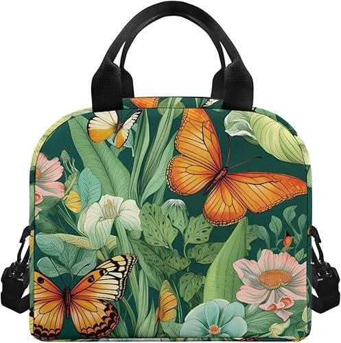 Surwin Sac Repas Isotherme, Motif Papillon Sac à Déjeuner Sac à Lunch Isolé Design en Bandoulière/Poche Avant Sac à Lunch Lunch Bag pour Adulte Enfant, Bureau L'école Travail (Plante à Fleurs) - Nail Gallerys