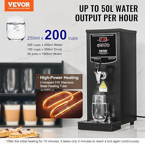 VEVOR Distributeur d'Eau Chaude Électrique Commercial, Fontaine à Eau Chaude 2500 W 50 L/h, avec Tube Chauffant en Acier Inoxydable 316, Chauffage Rapide Étape par Étape, pour Café, Thé, Bureau - Nail Gallerys