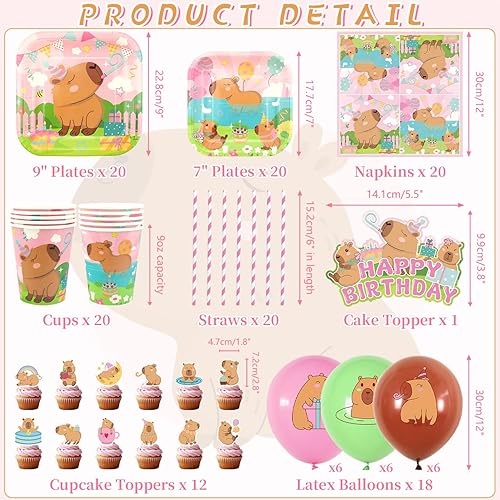 Obussgar Capybara Pink Capybara Accessoires de fête, pour 20 personnes, comprenant bannière, assiette, décoration de gâteau, tasse, serviette, ballon, nappe - Nail Gallerys