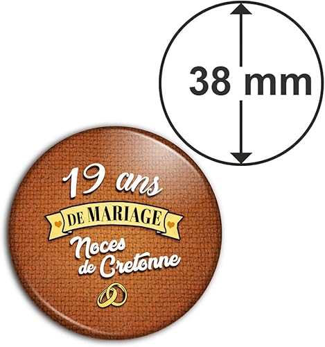 Badgmania Magnet Aimant 3.8cm | Anniversaire 19 Ans de Mariage Noces de Cretonne | Diamètre 3.8cm | Anneaux Mariage - Nail Gallerys