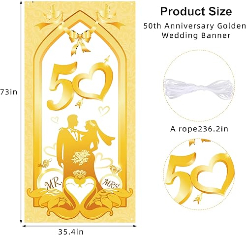XZEIT Décoration de bannière de 50e anniversaire de mariage en or, bannière en tissu pour décoration murale de porte d'anniversaire de mariage en or,décoration de fond 50e anniversaire de mariage, 180 - Nail Gallerys