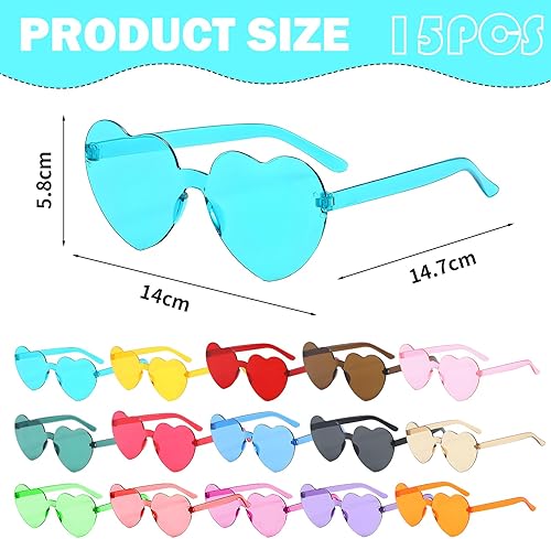 Lot de 15 paires de lunettes de soleil en forme de cœur - En forme de cœur - Pour carnaval, fête - Accessoires photo pour enfants et adultes - Nail Gallerys