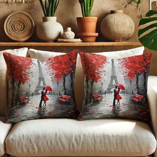 Lot de 2 housses de coussin décoratives carrées romantiques à Paris avec motif de parapluie rouge et scène d'amour pour décoration d'intérieur, salon, lit, canapé, 45,7 x 45,7 cm - Nail Gallerys