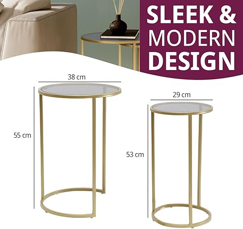 Hallowood Furniture Lot de 2 Tables Gigognes Rondes - Métal Doré, Plateau en Verre Teinté - Pour Salon et Couloir, Basse, Lampe, Plantes - Nail Gallerys